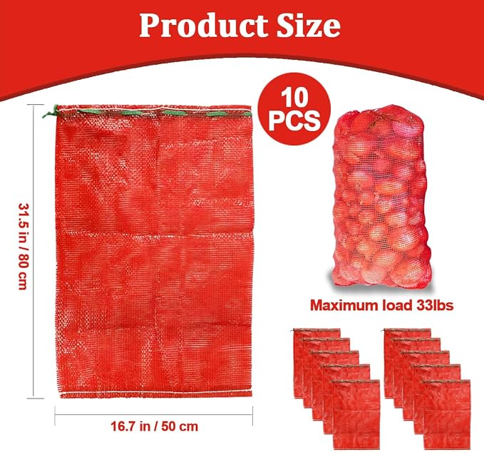 10Pcs 31''x20'' Extra Large Mesh Produce Bags, Red Storage Bag for Onions | Heavy-Duty Mesh Bags,Holds Up to 33 lbs for Storing Onions, Potatoes, Fruits, Crawfish, Seafood and Firewood Storage