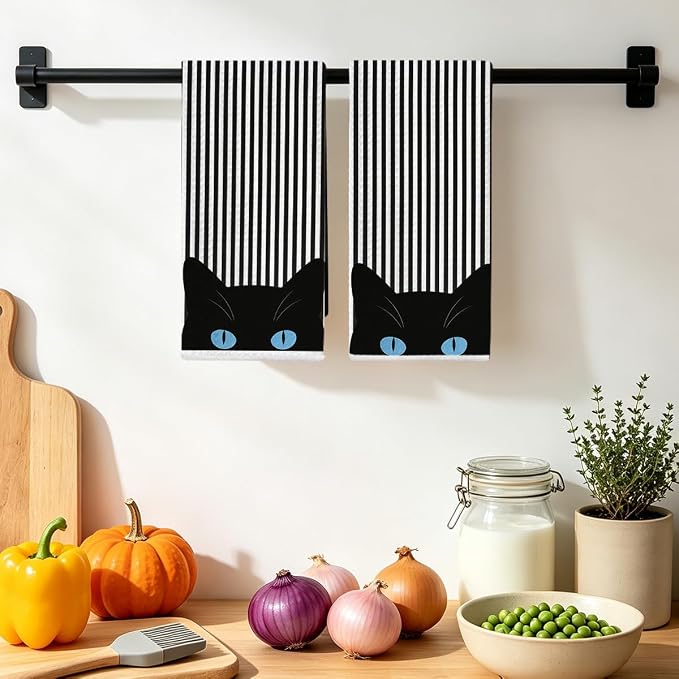 Jztco 2 Pcs Cat Kitchen Towels 24x14 Inch, Cats Gifts Reusable Hand Towels | Cat Lover Gifts for Women Mom Microfiber Dish Cloths for Dishes, Waffle Dish Towels for Kitchen Home Bathroom Decor