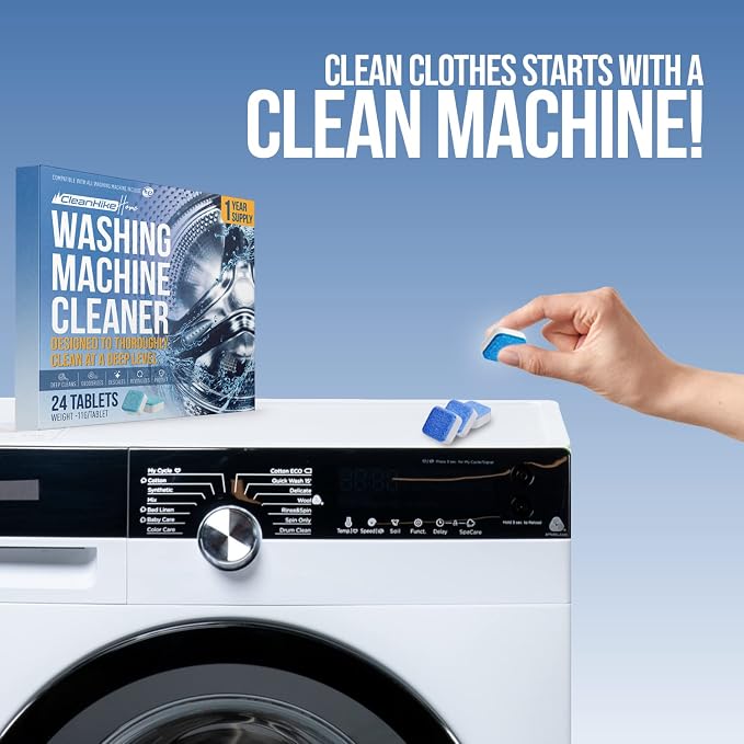 CleanHike Washing Machine Cleaner Tablets, Descaler, HE, 24 Pack | Washing machine cleaner tablets, Deep cleaning descaler, HE front & top load, Removes odor & buildup, 24 pack