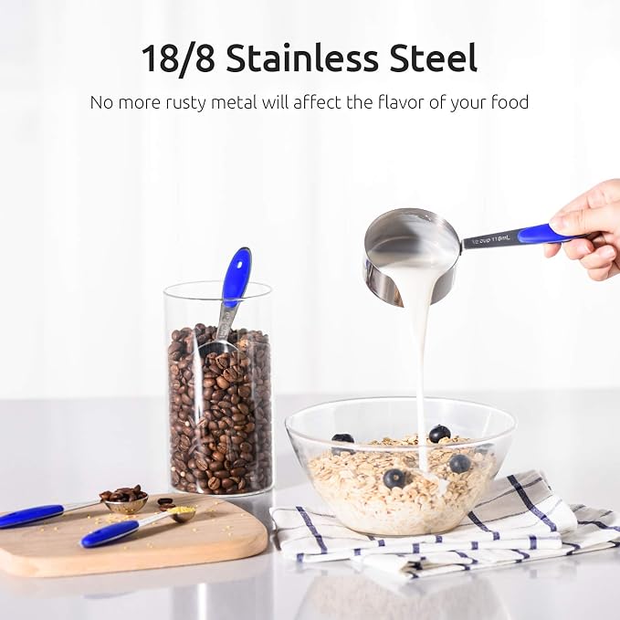 U-Taste Measuring Cups Spoons Set, 18/8 Stainless Steel, 10Pcs, Blue | Upgraded Thickened Handle, Reinforced Welded Joints, Nested Stackable Design, Metal Measure Set for Kitchen Baking Cooking