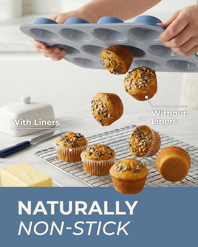 CARTMAN 2-Pack Ceramic Muffin Pan 12 Cup with 200 Cupcake Liners, Non-Stick & Non-Toxic Baking Tin for Healthy Muffins and Cupcakes, Perfect for Home Kitchens and Parties