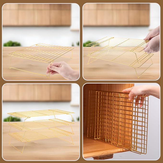 Cooling Rack for Cooking Baking 3 Tiers, 16" x 10" Wire Rack, Gold | Thick Wire Rack, Oven & Dishwasher Safe, for Roasting, Grilling, Drying, Fits Half Sheet Pan