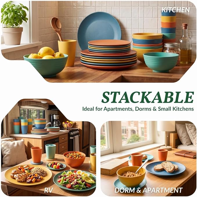 40-Piece Unbreakable Plastic Wheat Straw Dinnerware Set - Multi Color, 8-Person Dish Set for Dinner, Plates, Bowls, Cups & Appetizer Plates - Perfect for Outdoor Camping