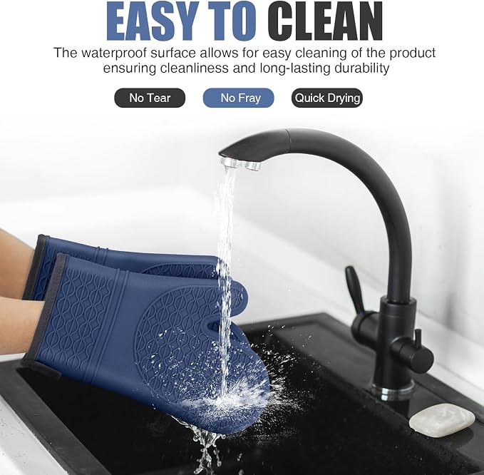 Silicone Oven Mitts, Heat Resistant 2PCS Oven Mitts with Soft Cotton Lining, Waterproof Non-Slip Grip Oven Glove, Kitchen Potholder Mits for BBQ, Baking, Cooking, 12.5 Inch - Dark Blue