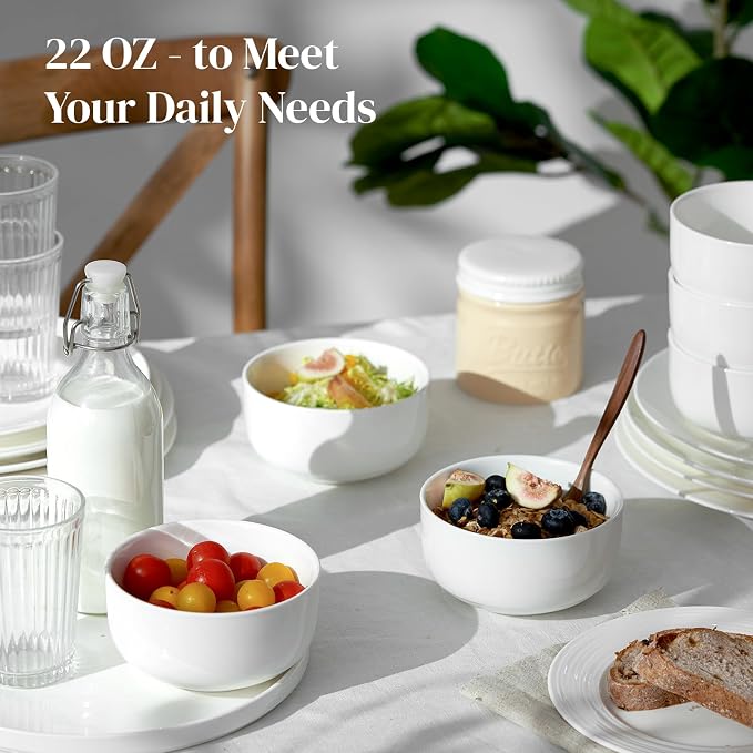 DOWAN White Ceramic Bowls Set of 6, 20 oz Ceramic Cereal Bowls, Everyday Cereal, Soup & Rice Bowls, Stackable Stoneware for Modern Kitchens, Dishwasher & Microwave Safe Bowl