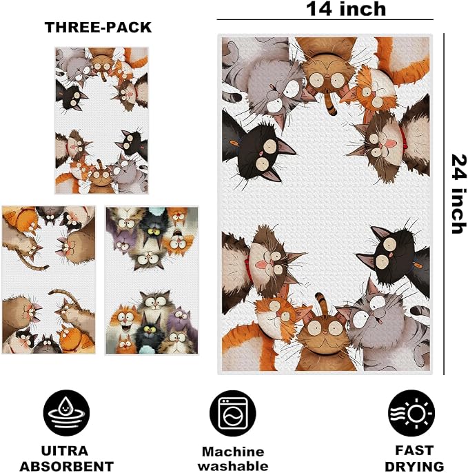 3 Pcs Cute Cat Kitchen Towels, Funny Cats Gifts Absorbent Hand Towels-02 | Cat Dish Cloths for Drying Dishes, Cats Waffle Dish Towels for Kitchen Home Bathroom Decor, Cat Lover Gifts for Women Mom
