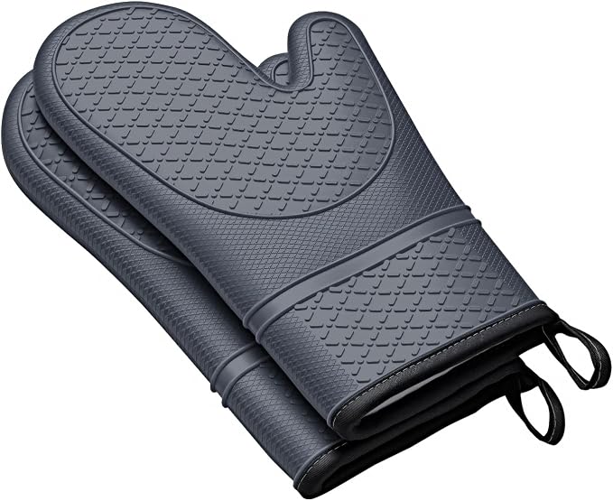Heat Resistant Silicone Oven Mitts, Up to 500°F Protection for Baking & Grilling, 1 Pair (Grey, Extra Thick)
