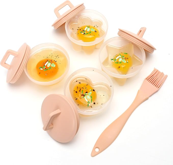 Cute Set of 4 Egg Cooking Pods Mold Boiled Pink Microwave and Stovetop Hard Boiled, Soft Boiled Holder Poacher Cups, Jello Cups with Lids, Square Shaper Fun Cookery Kitchen Gadgets (including oil brush)