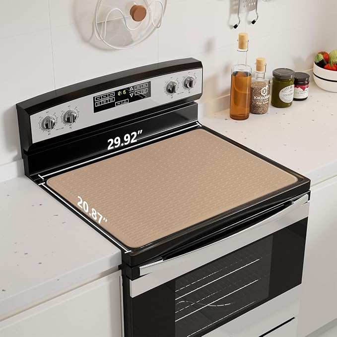 Stove Top Cover for Electric Stove - Food Grade Ceramic Stove top Cover, Silicone XXL Dish Drying Mat, Glass Cooktop Covers, Flat RV Range top Mats (Taupe,30x21)