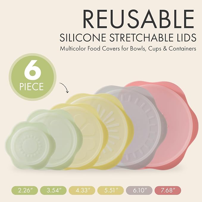 Reusable Silicone Stretchable Lids – 6‐Piece Multicolor Food Covers for Bowls, Cups & Containers – Airtight, Leak‑Proof, BPA‑Free, Microwave/Dishwasher/Freezer Safe – Green Hearth