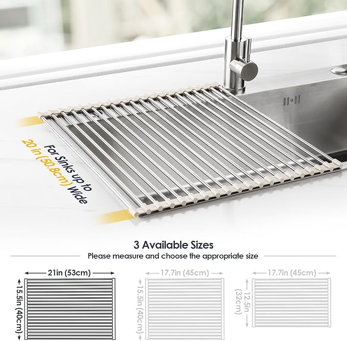 Tomorotec Roll Up Dish Drying Rack Over Sink, 304 Steel, 21x15.5, White | Anti-Slip Silicone Rims For Grip, Heat-Resistant Trivet Mat Holding Heavy Cookware, Rustproof Kitchen Counter Space Saver