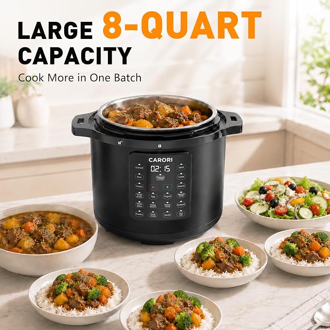 CARORI 8Qt 12-in-1 Electric Pressure Cooker, 1200W, Quick Meals, Time-Saving, Healthy, Easy Cooking Appliance, Slow,Rice,Steamer, Sauté, Yogurt Maker, Warmer & Sterilizer,Safer Venting Design, Black