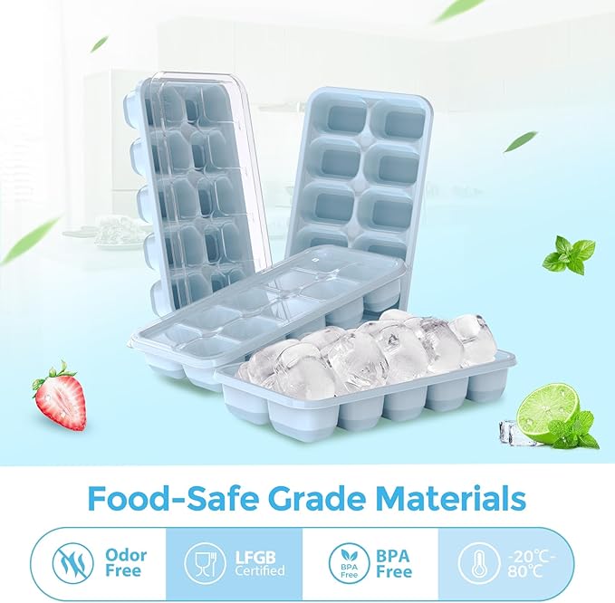 DOQAUS Ice Cube Tray with Lids, 4 Pack Silicone Ice Trays for Freezer | Silicone BPA & LFGB Safe, Easy Release for Kitchen, RV, Cocktail, Coffee, Soup & Food