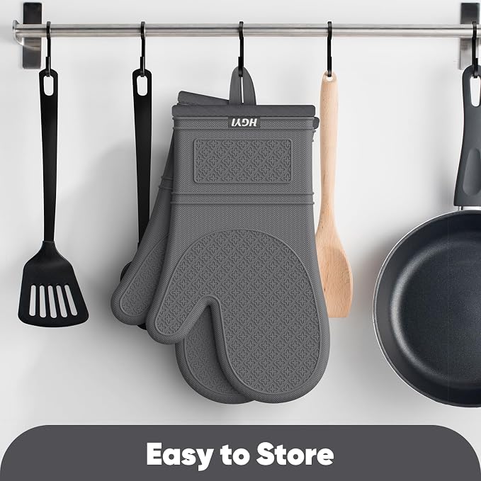 Silicone Oven Mitts, Heat Resistant Oven Gloves with Quilted Liner, Waterproof & Non-Slip Kitchen Mittens for Baking Cooking BBQ, 500°F, 12.5"-Deep Gary
