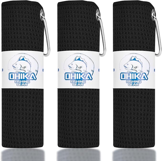 Microfiber Fishing Towels with Clip, Waffle Pattern for Effective Cleaning of Fishing Gears or Dirty Hands, 16” x 16”, Camping Towels, Hiking Towels, Pack of 3 (Black)