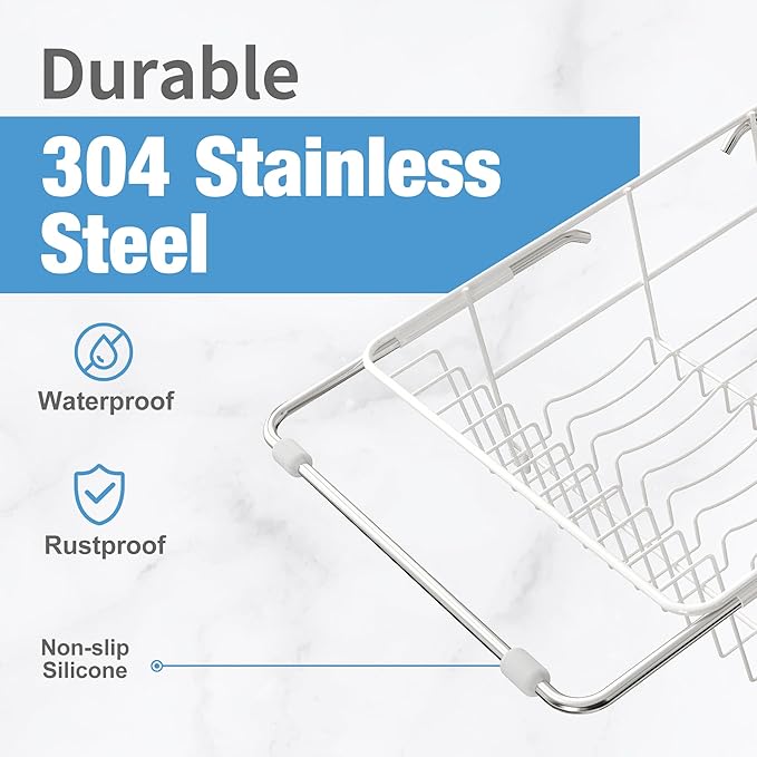 JASIWAY White Dish Drying Rack in Sink, Dish Drainer with Utensil Holder | Over The Sink Expandable Stainless Steel Strainer Dryer Rack for Small Kitchen, Counter Space Saving, Fast Drain, Rustproof