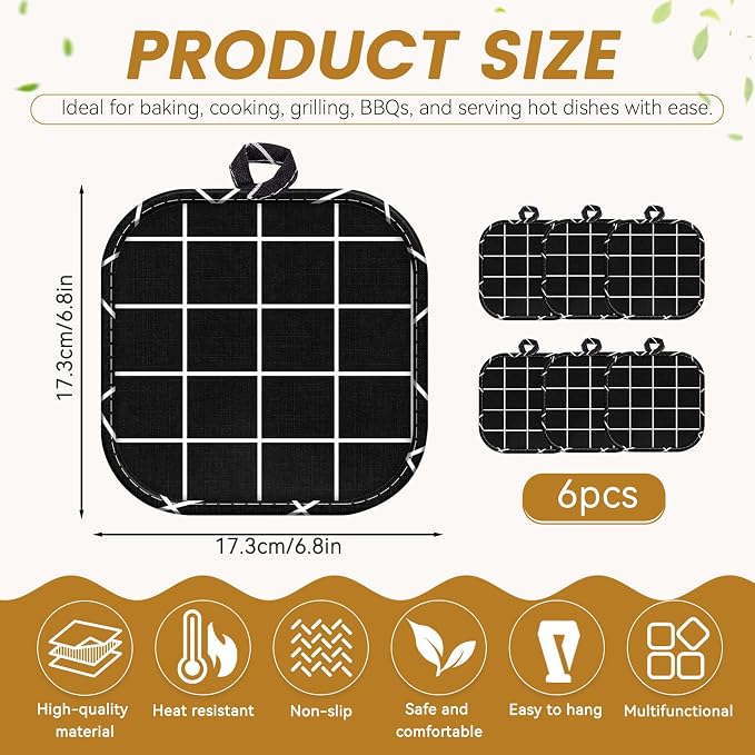 4pcs Pot Holders for Kitchen, Cotton Kitchen Hot Pads, Heat Resistant Oven Mitts and Pot Holders Sets (Black Grid,6)