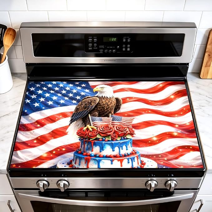 4th of July Bald Eagle American Flag Stove Top Cover 28.4x20.5in | Bald eagle american flag stove top cover 28.4x20.5 in; patriotic 4th of july cooktop mat dishwasher safe machine washable