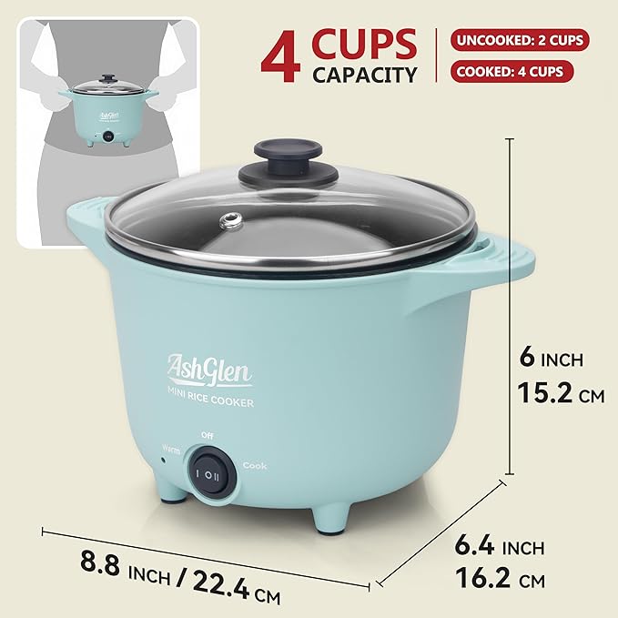 AshGlen Small Rice Cooker 2-Cup uncooked/ 4-Cup Cooked, Mini Hot Pot Electric, Mini Electric Pot, Ceramic Rice Cooker, Small Rice Steamer, Noodle & Oatmeal Cooker, Dual Modes, Single Serve, Aqua