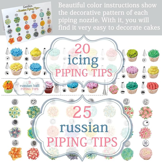 Russian Piping Tips for Cake Decorating – 88Pcs Flower Icing & Frosting Nozzles Set – Complete Pastry Baking Tools Kit – Small & Large Floral Piping Tips for Cupcakes, Cookies & Professional Bakers