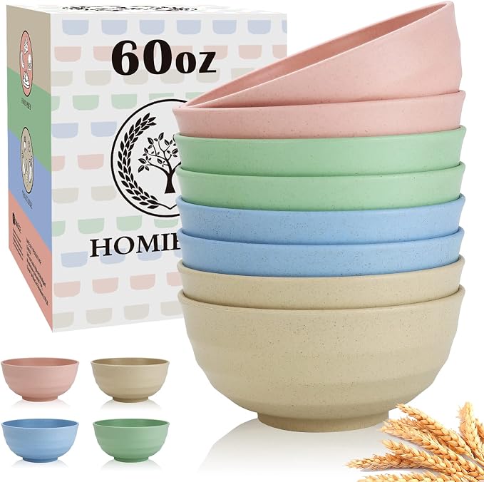 Large Wheat Straw Bowls 60oz Light Color Bowl Set of 8 - The Ultimate All-in-One Set for Salad, Soup, Cereal & Oatmeal, Microwave Safe & Unbreakable