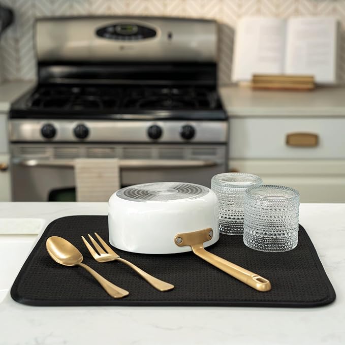 S&T INC. Dish Drying Mat, 16" x 18", Large, Black | Absorbent Microfiber, Kitchen Counter Mat for Dishes, Utensils, Pots and Pans, Machine Washable