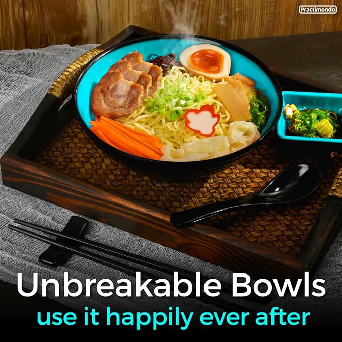 Unbreakable Ramen Bowl Set with Chopsticks and Spoon: 2 large Japanese Style Melamine Ramen Bowls, Dipping Bowls and Chopstick Stands for Asian Pho Soup Thai Miso Udon Wonton (2 Bowl Set, Teal-Black)