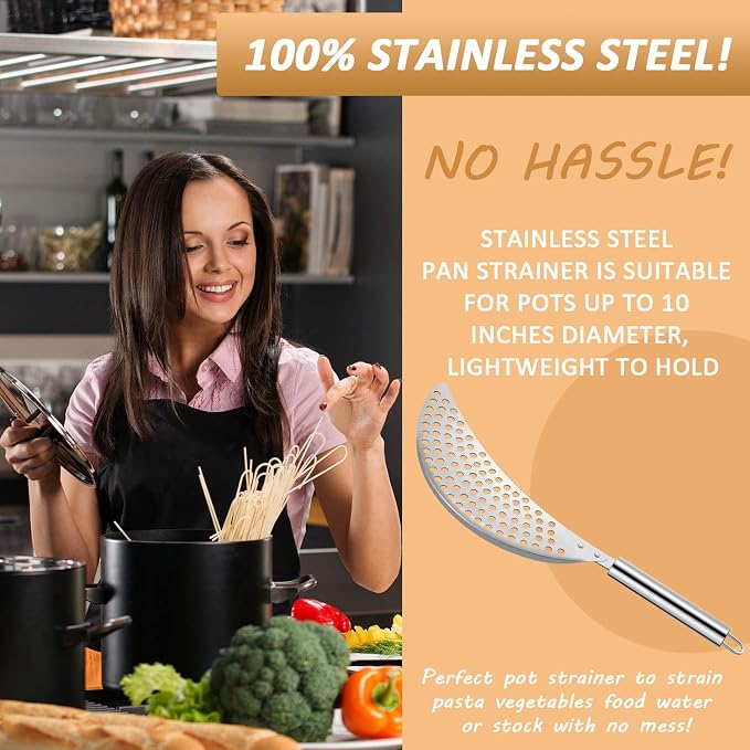 Boao 2 Pieces Pot Strainer with Handle for Pan,Fits Up to 10 in | Stainless Steel,Recessed Hand Grips, Clip-On Pan Edge, Pasta Strainer,Suitable for Kitchen