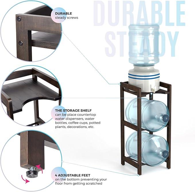 5 Gallon Water Jug Holder With Top Shelves, Natural Solid Wood Water Dispenser Stand 31"H, 3-Tiers Jug Stand, Water Cooler Jug Rack, 5 Gallon Water Bottle Holder With 2 Slot & Top Shelf (Walnut Color)