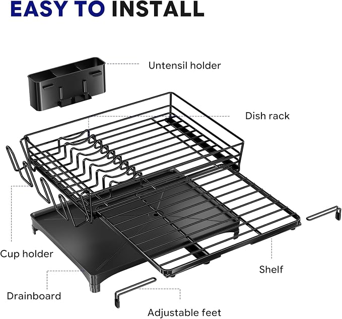 Simple Trending Dish Drying Rack - Expandable Dish Rack for Kitchen Counter, Large Capacity Dish Drainer, Stainless Steel Dish Strainer with Utensil & Cup Holders, Black