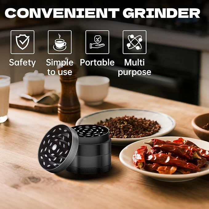 2.5-inch Grinder, Heavy-Duty Aluminum Construction, Smooth Grinding—Kitchen Essential (Black)