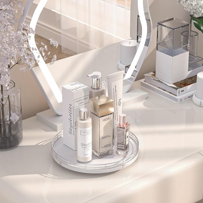 Oroyutor 10-Inch Oak Lazy Susan Vanity Tray with Silver Metal Rail | Rotating oak tray organizes spices, toiletries and decor on kitchen counters, bathroom vanities, dining and coffee tables.