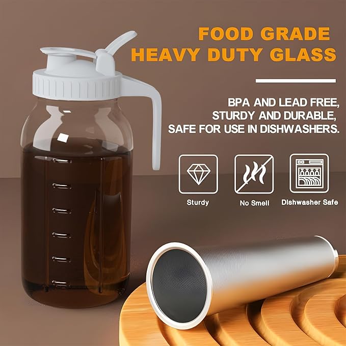 Cold Brew Coffee Maker, 64 oz Glass Mason Jar Pitcher | 100μm stainless steel filter, wide mouth design, leak-proof lid with handle, pour spout for iced coffee, tea and cold drinks