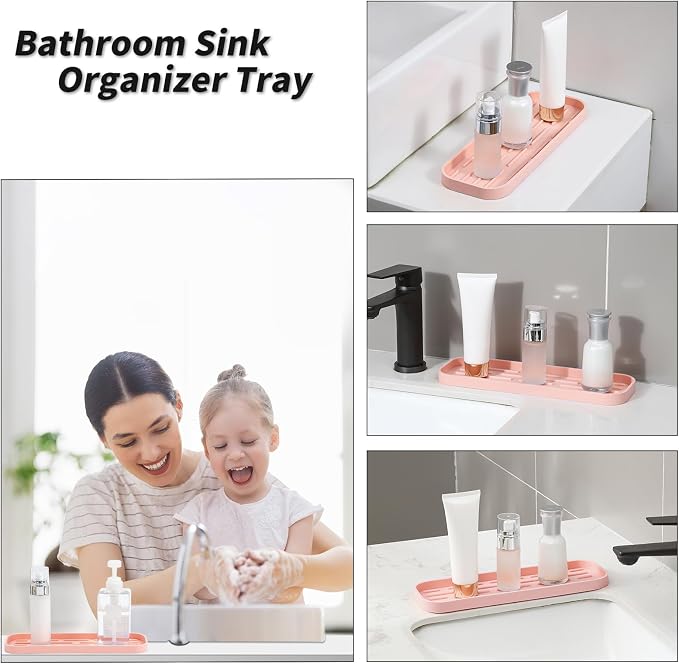 MicoYang Silicone Kitchen Sink Organizer Tray for Multiple Usage,Easy Clean,Eco-Friendly Sponges Holder for Kitchen Bathroom Counter or Sink,Dish Soap Dispenser,Scrubber,Bottle,Cup Pink 12" x 4”