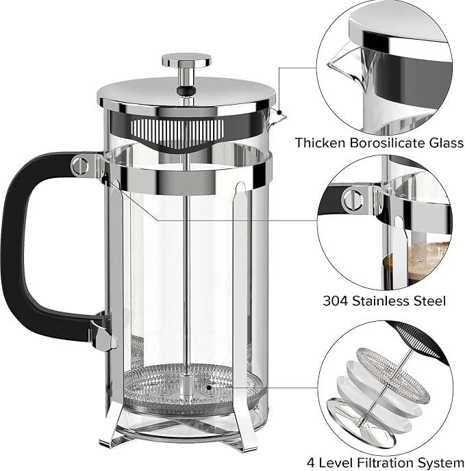 QUQIYSO French Press Coffee Maker 21oz,Borosilicate Glass Coffee Press | Thickened Glass Stainless Steel Coffee French Press,Easy to Clean,4 Filter Suitable for Kitchen Party Camping Gifts(Silver)