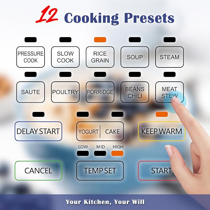 Fullwill 6QT Electric Pressure Cooker, 9-in-1 Multi-Use Programmable Pressure Cooker with Slow Cook, Rice Cook, Steamer, Sauté, Yogurt Maker, Food Warmer, Foodie Helper