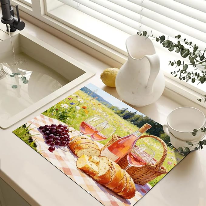 HOMETITUTE Spring Stove Top Covers for Electric Stove 28x20 Inches Picnic Wine Scene Heat Resistant Glass Cooktop Protector Pad Decorative Stovetop Cover for Kitchen Coffee Bar Decor