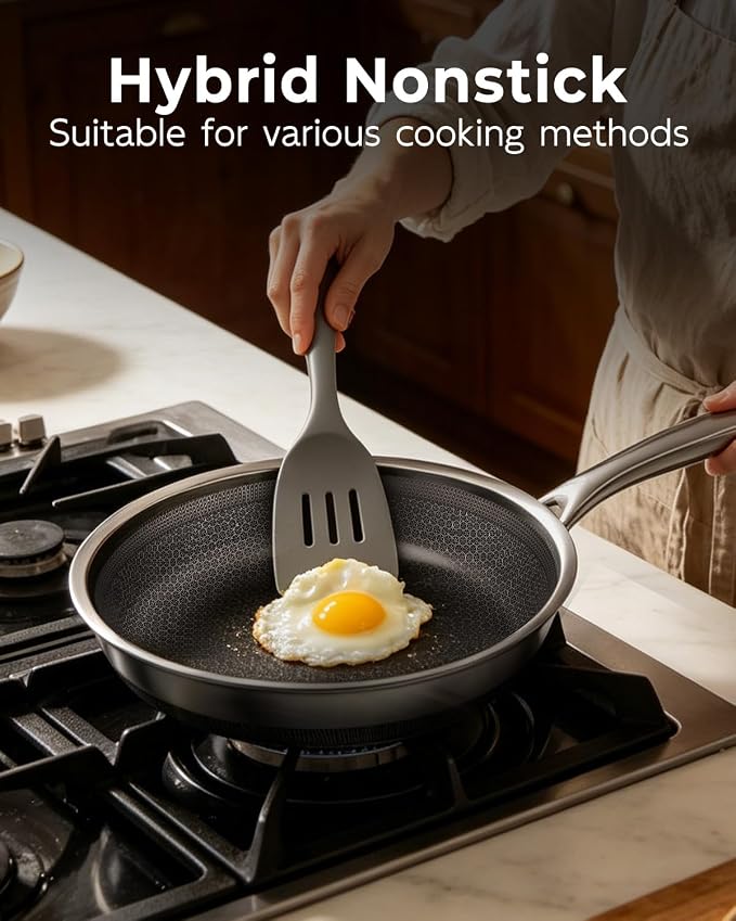 FogDream 8, 10, 12 Inch Stainless Steel Frying Pan Set with Lid, Honeycomb Hybrid Nonstick Skillet for Induction & All Cooktops, PFAS/PFOA/PTFE Free, Oven Safe 500°F, Silver