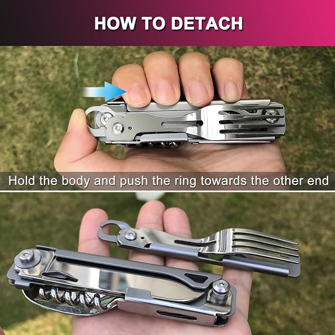 6-in-1 Camping Utensils Set with Case Folding Fork Spoon Knife | Detachable Travel Pocket Cutlery Combo, Portable Flatware with Wine Bottle Can Opener for Picnic Outdoor, 420 Stainless Steel