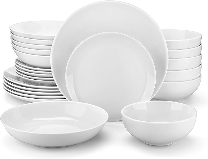 MALACASA 24-Piece Porcelain Dinnerware Set, White Round Dish Set for 6 | Modern Serving Plates and Bowls Sets for Dessert, Salad, Soup, Pasta, Microwave & Dishwasher Safe - Series AMELIA