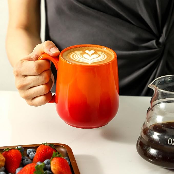 HASENSE Set of 4 Ombre Coffee Mugs, 15oz Large Ceramic Cups – Dishwasher & Microwave Safe, Orange Gradient Cappuccino Latte Tea Handle Cup, Housewarming Gift