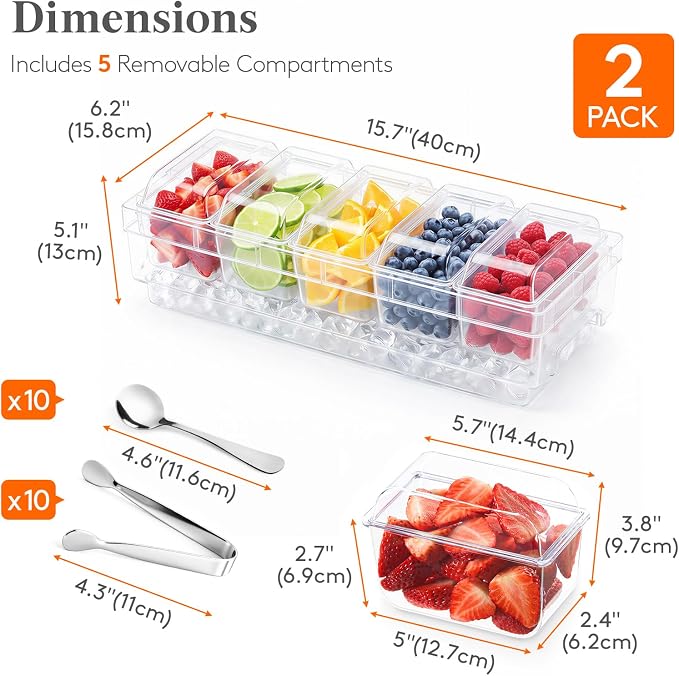 Lifewit Chilled Condiment Caddy with Stainless Steel Spoons & Tongs, 2 Pcs | Handle Design, BPA-free Condiment Server with 5 Removable Containers, Ice Garnish Tray for Taco, Mimosa & Dirty Soda Bar