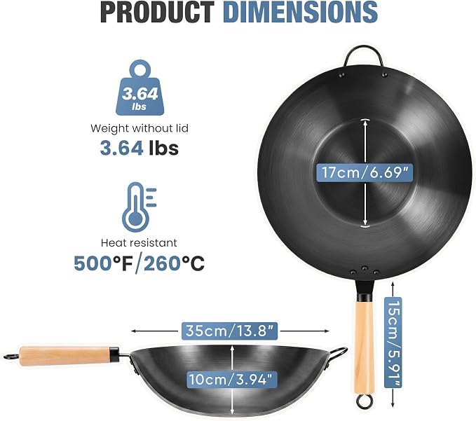DUMOS 13.5" Carbon Steel Wok Pan, No Chemical Coating, Pre-Seasoned Flat Bottom Pow Wok for Family Meals and Camping, Compatible with Induction, Electric, Gas, Open Fire, Black