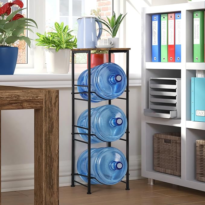 OYEAL 5 Gallon Water Bottle Jug Holder 3-Tier Water Bottle Holder Organizer with Top Shelf, Heavy Duty Water Dispenser Stand Rack for Kitchen Living Room Office, Rustic Brown