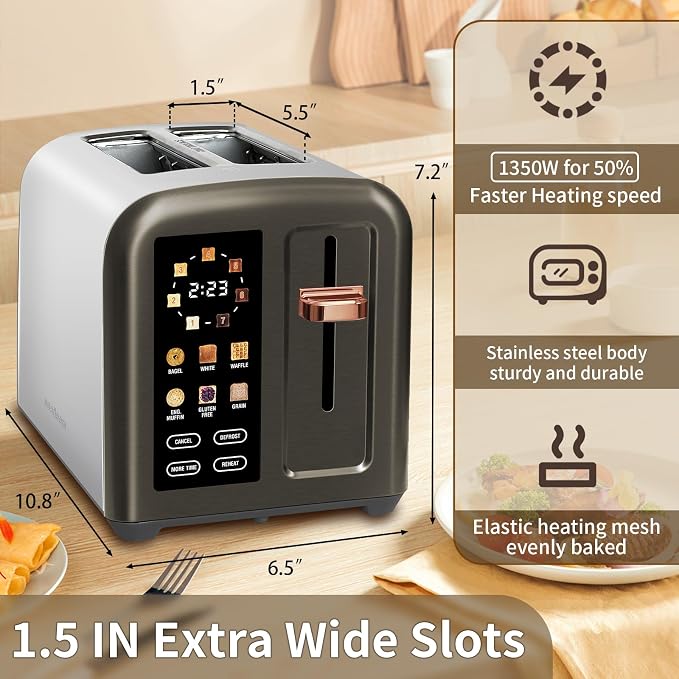 SEEDEEM 2 Slice Stainless Steel Toaster, Touch LCD, 7 Shade, 1350W | 6 Bread Type, 7 Shade Setting, 1.5''Wide Slots, Removable Crumb Tray