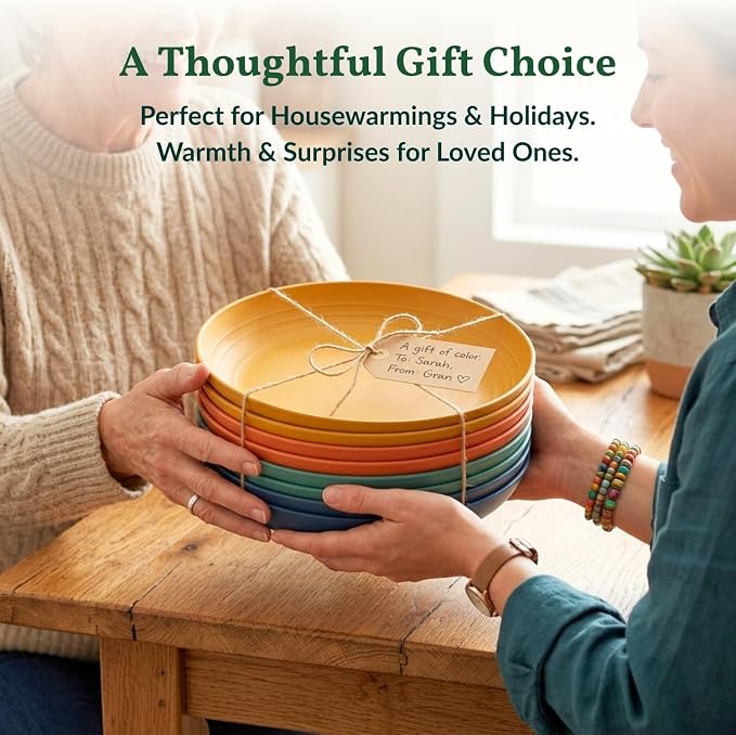 Deep Dinner Plates Set of 8 Alternative for Plastic Plates Microwave and Dishwasher Safe Wheat Straw Plates for Kitchen Unbreakable Kids Plate Set with 4 Colors (Classic Bright, 9 inch)