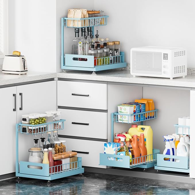 L-Shaped Under Sink Organizer, 2-Tier Pull-out Cabinet Rack 1-Pack | Teal Height-Adjustable Steel Rack, Sliding Grid Drawers with PP Liners, Holds 100 Lbs, Suction Base, Ideal Kitchen Storage