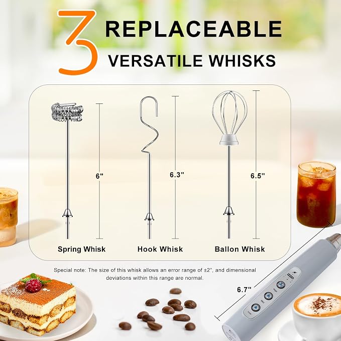 YUSWKO Handheld Milk Frother Wand for Coffee, Rechargeable Electric Whisk with 3 Heads 3 Speeds Drink Mixer Coffee Frother For Latte, Cappuccino, Hot Chocolate, Egg, Cement Gray