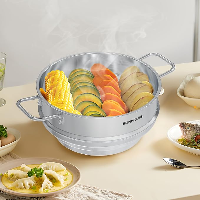 SUNHOUSE 5 QT Stainless Steel Steamer Basket for Pot, Universal Insert | Food & Vegetable Steaming Rack with Glass Lid, Stay-Cool Handles - Fits 8, 8.5, 9.5 Inch Pots - Cestello Vaporera