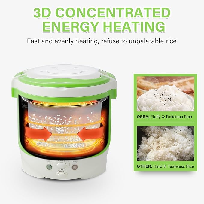 OSBA 12V Rice Cooker for Car 1L Mini Rice Cooker with Steamer, Green | 2Cup Portable Travel Rice Cooker for 1-2 People, Cooking Heating & Auto Keeping Warm Function, Used as an Electric Lunch Box